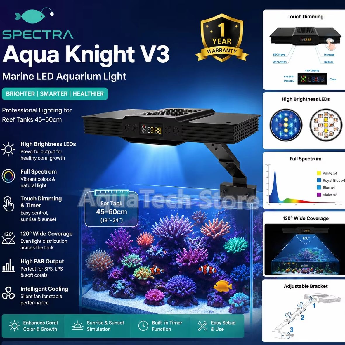 Marine Aquarium Led Lights - Spectra Aqua Knight V3 75W قابل